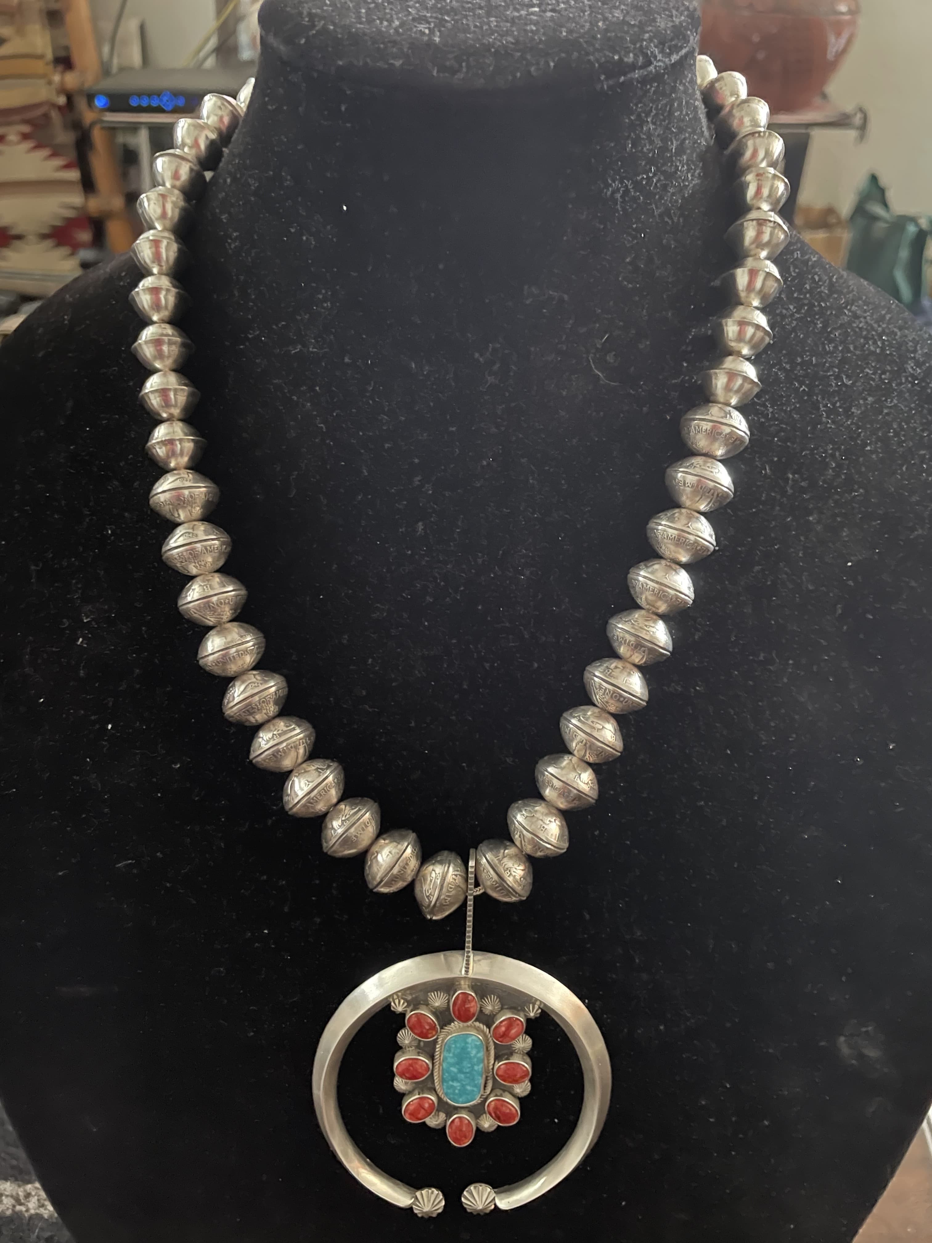 Old dime bracelet with coral and turquoise stone